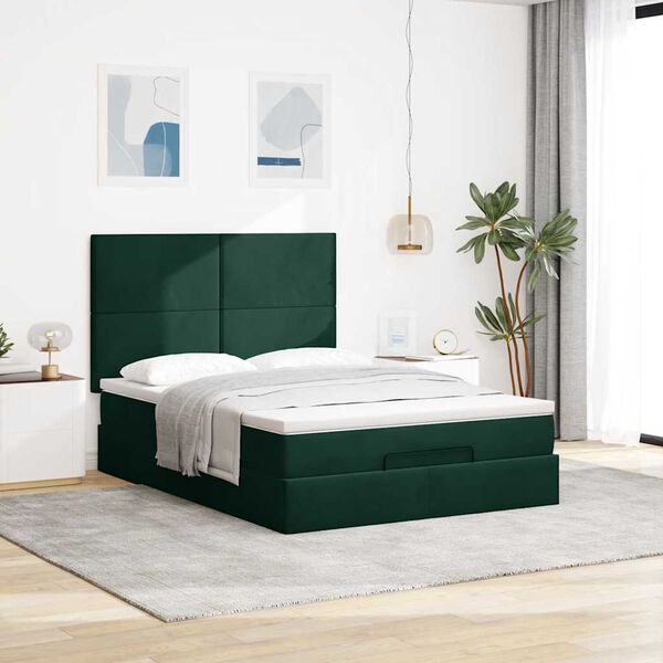 vidaXL Ottoman Bed with Mattresses Dark Green 140x190cm Velvet