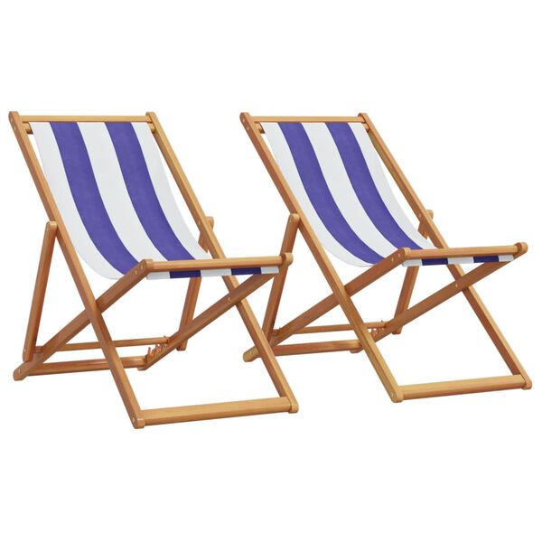 vidaXL Folding Beach Chairs 2 pcs Blue and White Fabric and Solid Wood