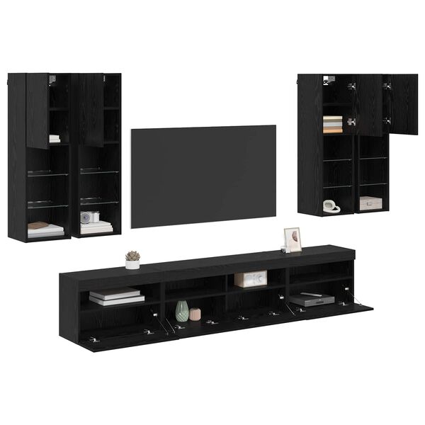 vidaXL TV Wall Cabinet Set with LED Lights with LED 7 pcs Black Oak