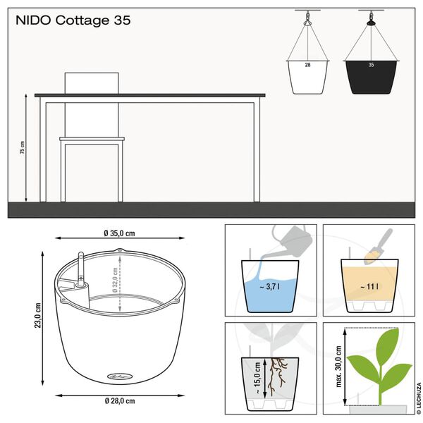LECHUZA Hanging Planter NIDO Cottage 35 ALL-IN-ONE Light Grey