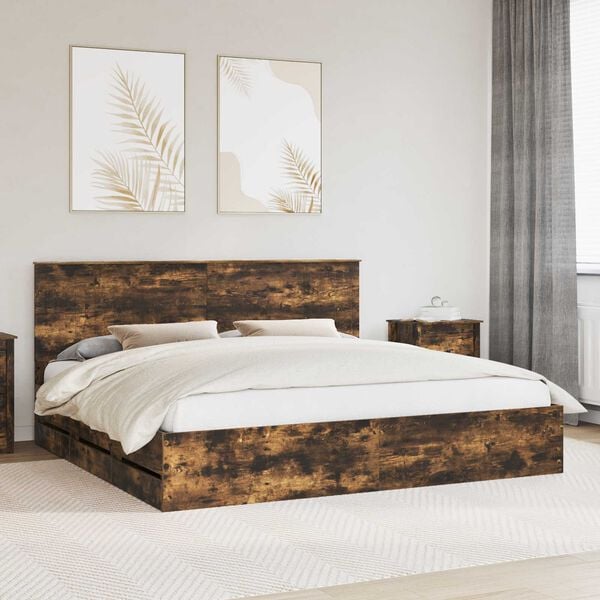 vidaXL Bed Frame with Headboard Smoked Oak 200 x 200 cm Engineer Wood