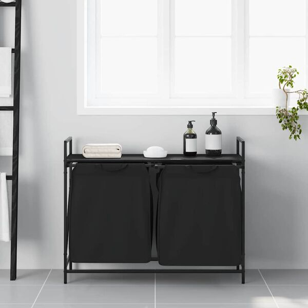 vidaXL Laundry Basket 2 Compartments with Shelf Black Oak