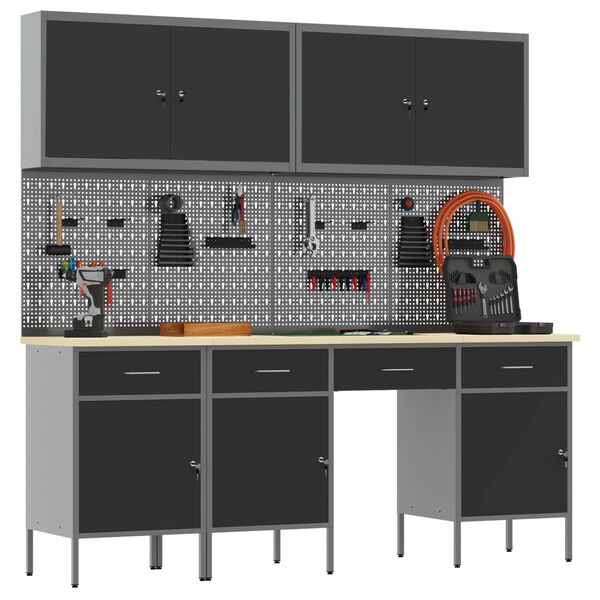 vidaXL Work Cabinet with Drawer 10 pcs Black Engineered Wood and Steel