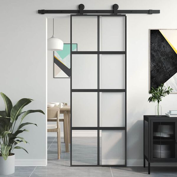 vidaXL Sliding Door Black 76x205 cm Tempered Glass and Aluminium