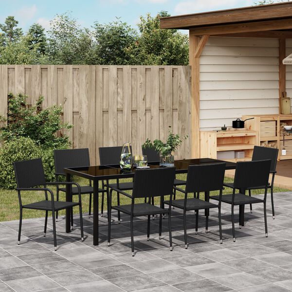 vidaXL Garden Dining Set with Cushion 9 pcs Black Poly Rattan