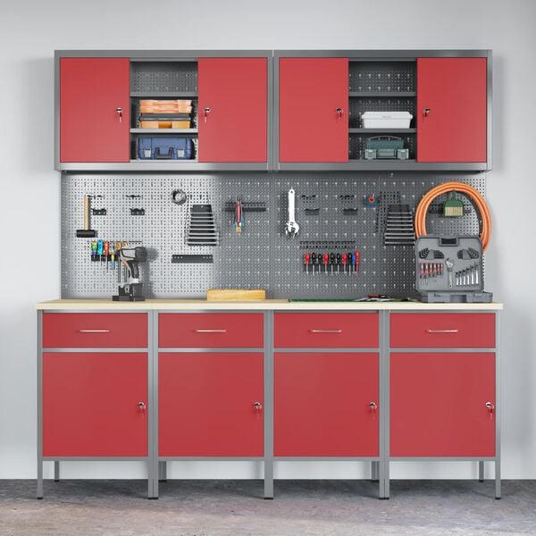 vidaXL Work Cabinet with Drawer 10 pcs Red Engineered Wood and Steel