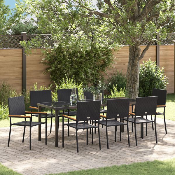 vidaXL Garden Dining Set with Cushion 9 pcs Black Poly Rattan