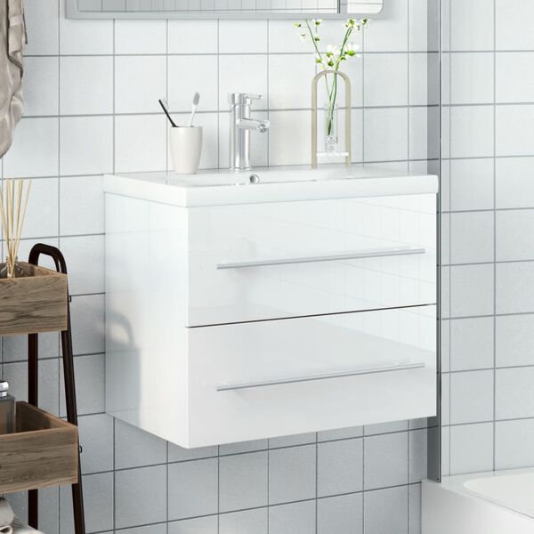 vidaXL Bathroom Sink Cabinet with Built-in Basin High Gloss White