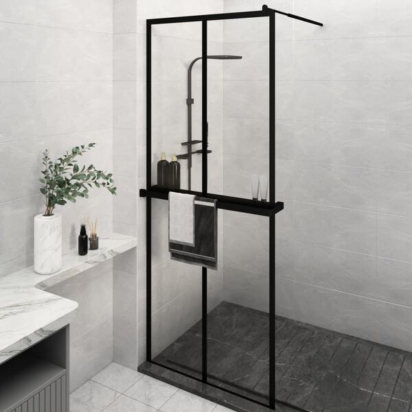 vidaXL Walk-in Shower Wall with Shelf Black 80x195 cm ESG Glass&Aluminium