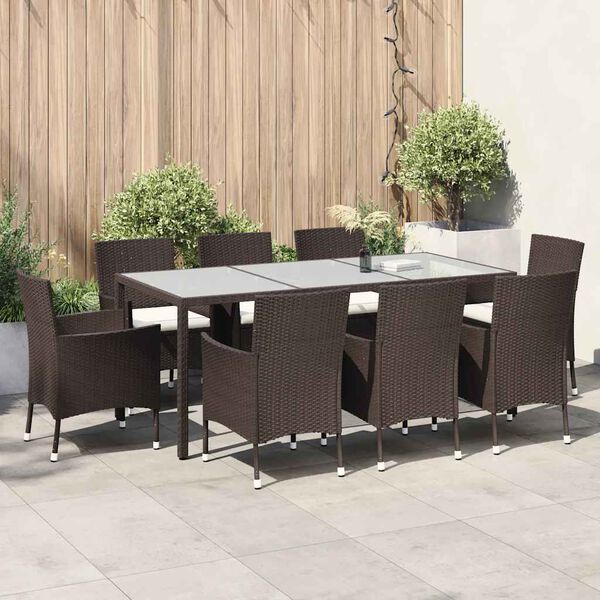 vidaXL 9 Piece Garden Dining Set with Cushions Brown Poly Rattan