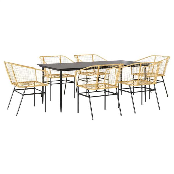 vidaXL 7 Piece Garden Dining Set Brown Poly Rattan Glass