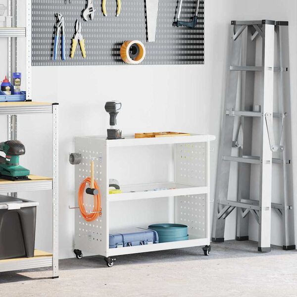 vidaXL Tool Trolley with Shelf White 75 x 35 x 73 cm Cold-rolded steel