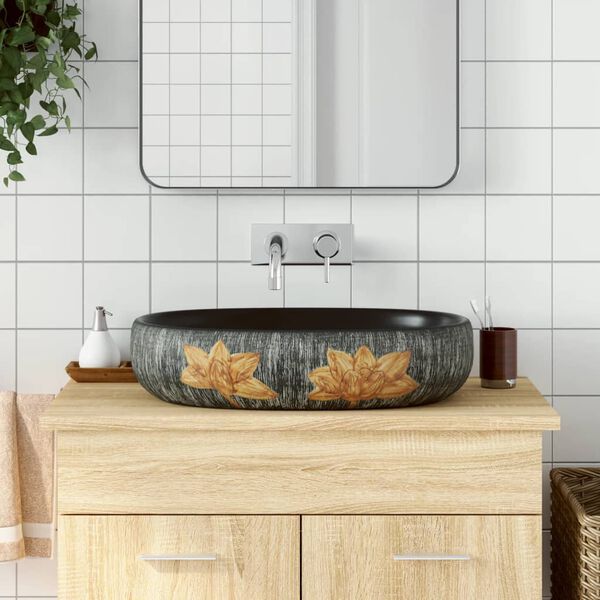 vidaXL Countertop Basin Grey and Black Oval 59x40x14 cm Ceramic