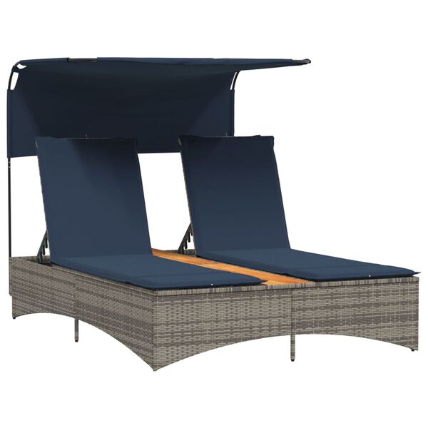 vidaXL Double Sun Lounger with Canopy and Cushions Grey Poly Rattan