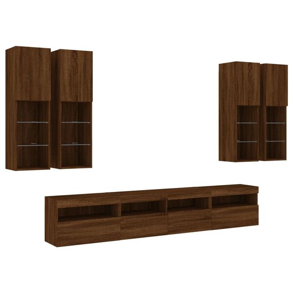 vidaXL 7 Piece TV Wall Cabinet Set with LED Lights Brown Oak