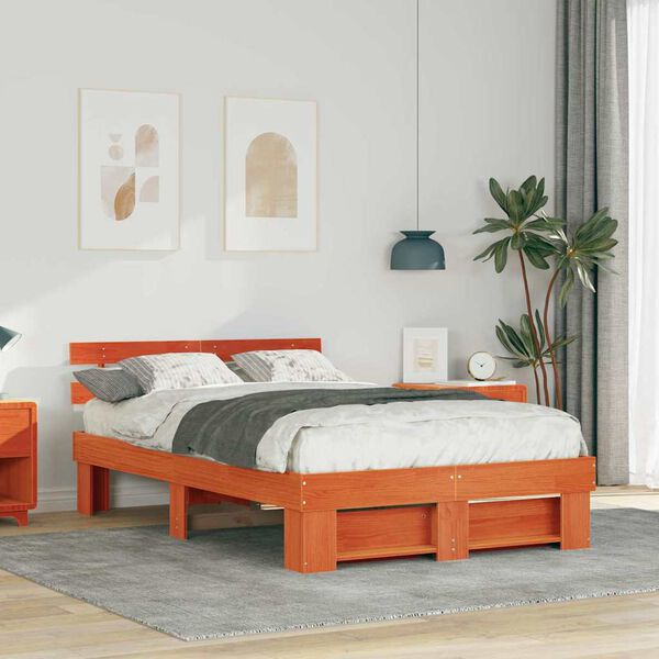 vidaXL Bed Frame with Headboard Wax Brown 120 x 200 cm Solid Pine Wood