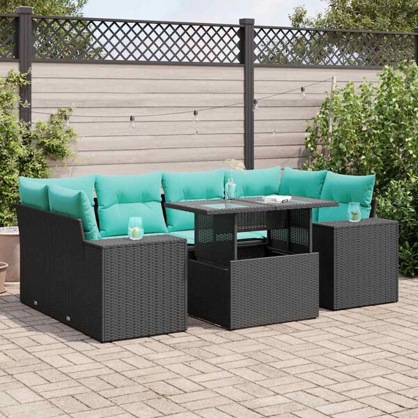 vidaXL 7 Piece Garden Sofa Set with Cushions Black Poly Rattan Acacia