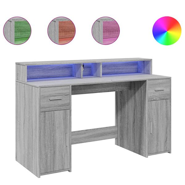 vidaXL Desk with LED Lights Grey Sonoma 140x55x91 cm Engineered Wood
