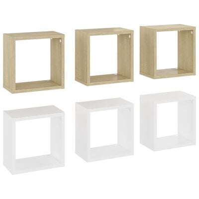 vidaXL Wall Cube Shelves 6 pcs White and Sonoma Oak 26x15x26 cm