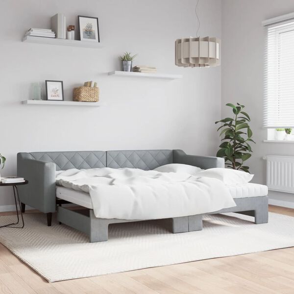 vidaXL Daybed with Trundle and Mattresses Light Grey 90x190 cm Fabric
