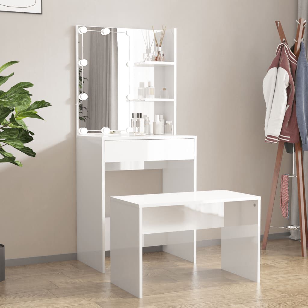 vidaXL Dressing Table Set with LED High Gloss White Engineered