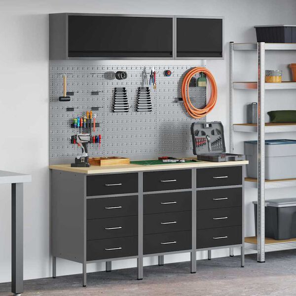 vidaXL Work Cabinet Set with Drawer with Storage Manual 8 pcs Black