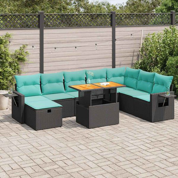 vidaXL 9 Piece Garden Sofa Set with Cushions Black Poly Rattan Acacia