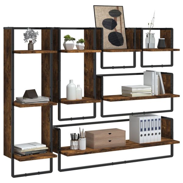 vidaXL 6 Piece Wall Shelf Set with Bars Smoked Oak Engineered Wood