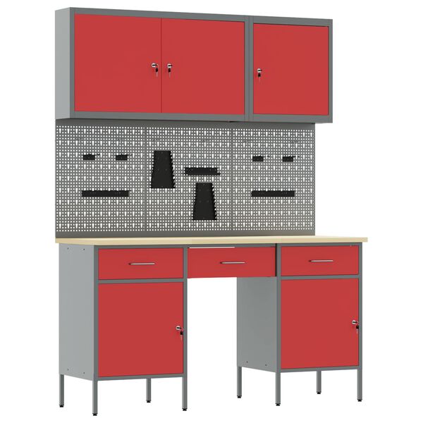 vidaXL Work Bench with Drawer 8 pcs Red 150 x 55 x 200 cm Steel