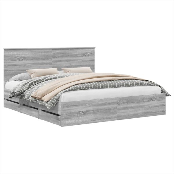 vidaXL Bed Frame with Drawer Grey Sonoma 200 x 200 cm Engineer Wood