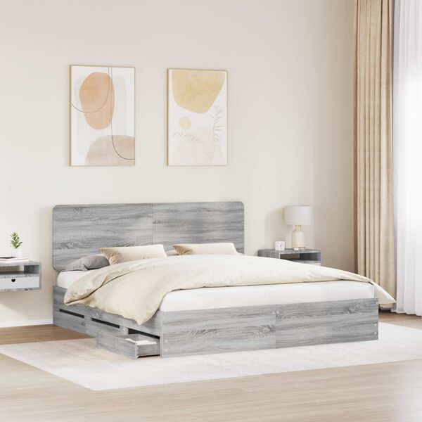 vidaXL Bed Frame with Drawer Grey Sonoma 200 x 200 cm Engineer Wood