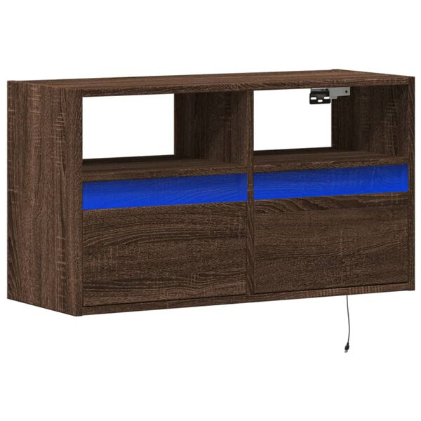 vidaXL TV Wall Cabinet with LED Lights Brown Oak 80x31x45 cm