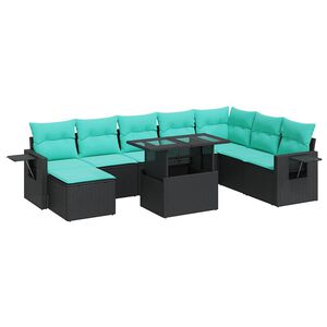 vidaXL 9 Piece Garden Sofa Set with Cushions Black Poly Rattan Acacia