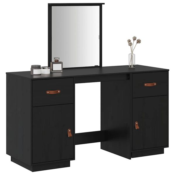 vidaXL Dressing Table Set with a Mirror Black Solid Wood Pine