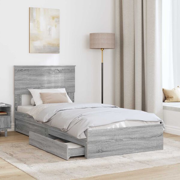 vidaXL Storage Bed with Drawer Grey Sonoma 90 x 200 cm Engineered Wood