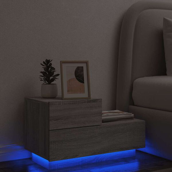 vidaXL Bedside Cabinet with LED Lights Grey Sonoma 70x36x40.5 cm