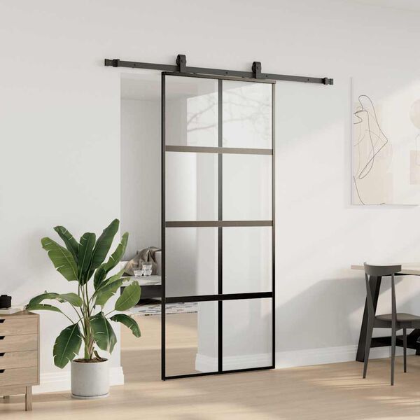 vidaXL Sliding Door with Hardware Set Black 90x205 cm Tempered Glass