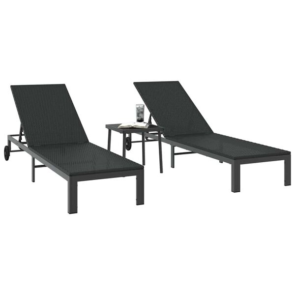 vidaXL Sunbed with Cushion 2-person 3 pcs Black Poly Rattan