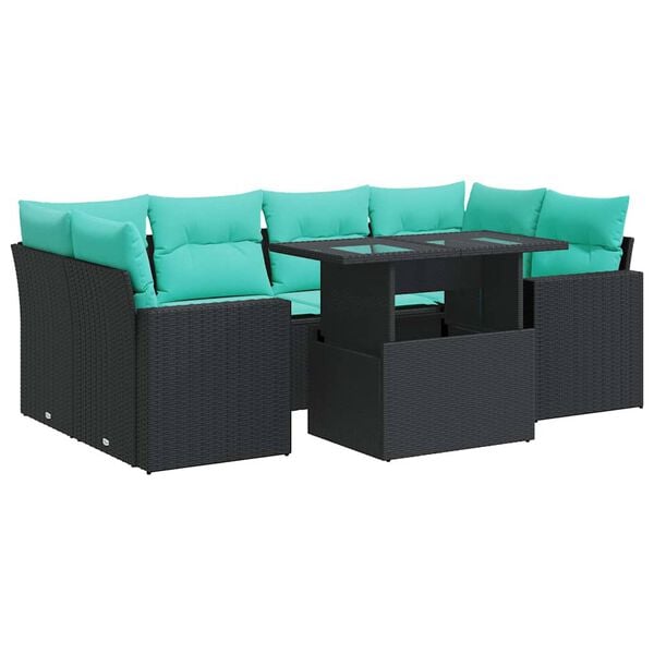 vidaXL 7 Piece Garden Sofa Set with Cushions Black Poly Rattan Acacia