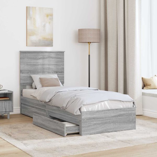 vidaXL Storage Bed with Drawer Grey Sonoma 75 x 190 cm Engineered Wood