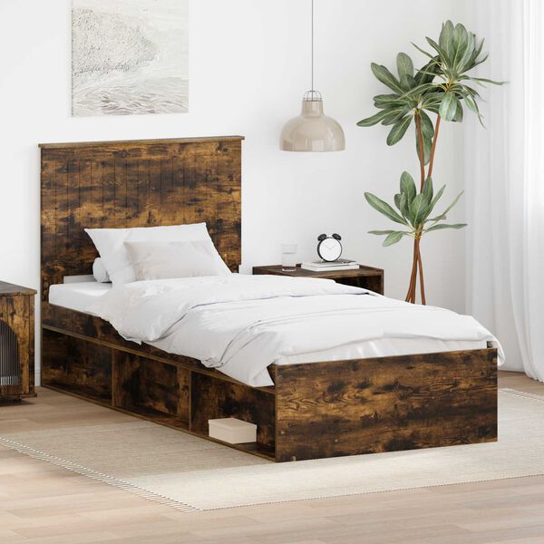 vidaXL Bed Frame with Headboard Smoked Oak 90 x 190 cm Solid Pine Wood