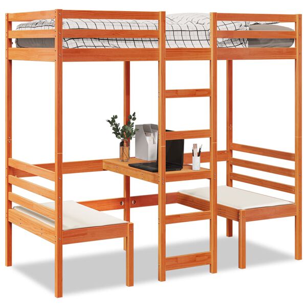 vidaXL Loft Bed Frame with Desk and Chairs Wax Brown 90x190cm Solid Wood Pine