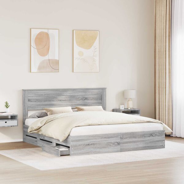 vidaXL Bed Frame with Drawer Grey Sonoma 200 x 200 cm Engineer Wood