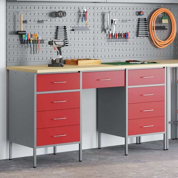vidaXL Work Cabinet with Drawer 3 pcs Red 150 x 55 x 85 cm