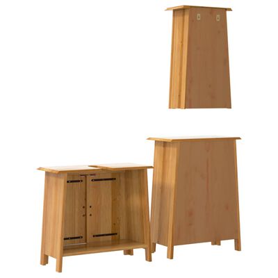 Group of wooden bathroom storage units: two cabinets and a tall cabinet.