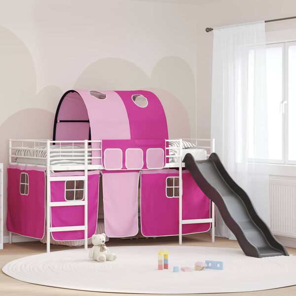 vidaXL Kids'Loft Bed Frame with Curtains, Arch, Slide White and Pink