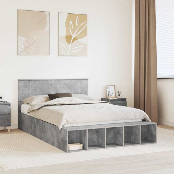 vidaXL Bed Frame with Shelf Concrete Grey 160 x 200 cm Engineered Wood