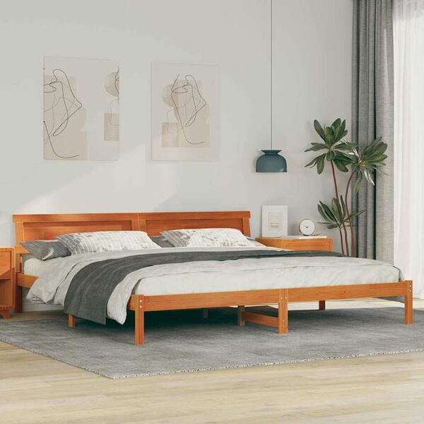 vidaXL Bed Frame with Headboard Wax Brown 200 x 200 cm Solid Pine Wood