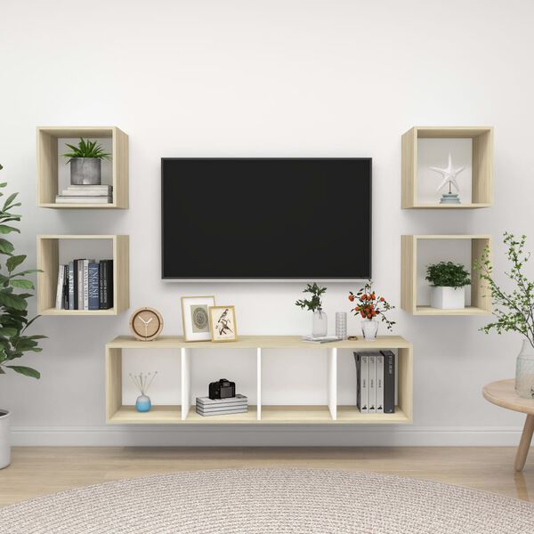 vidaXL 5 Piece TV Cabinet Set White and Sonoma Oak Engineered Wood
