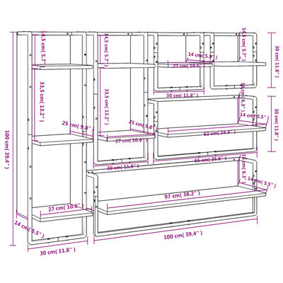 vidaXL 6 Piece Wall Shelf Set with Bars Black Engineered Wood